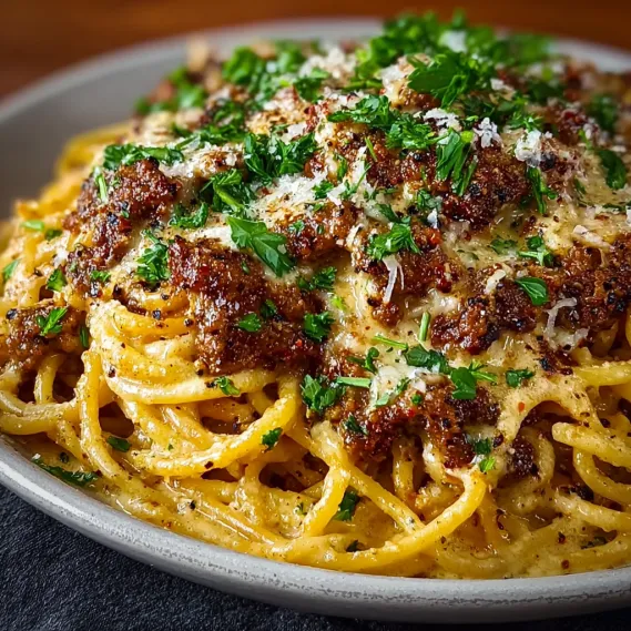 A bowl of spaghetti with meat and cheese.