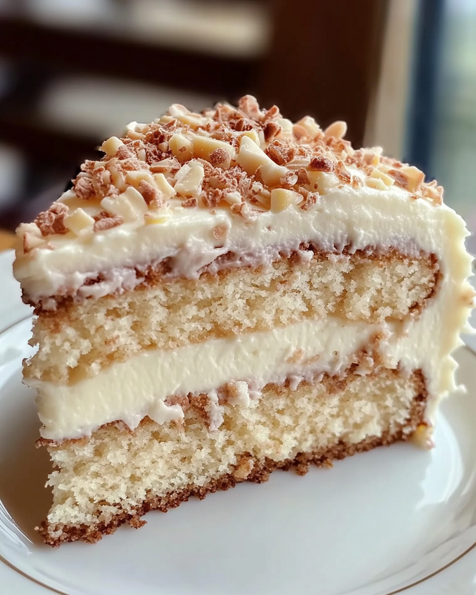 A slice of white German chocolate cake.