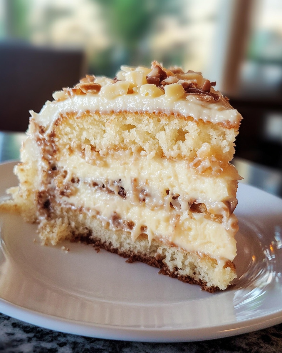 A slice of white German chocolate cake.
