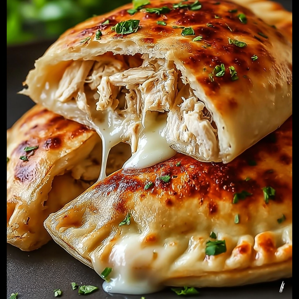 A close up of a chicken Alfredo calzone.