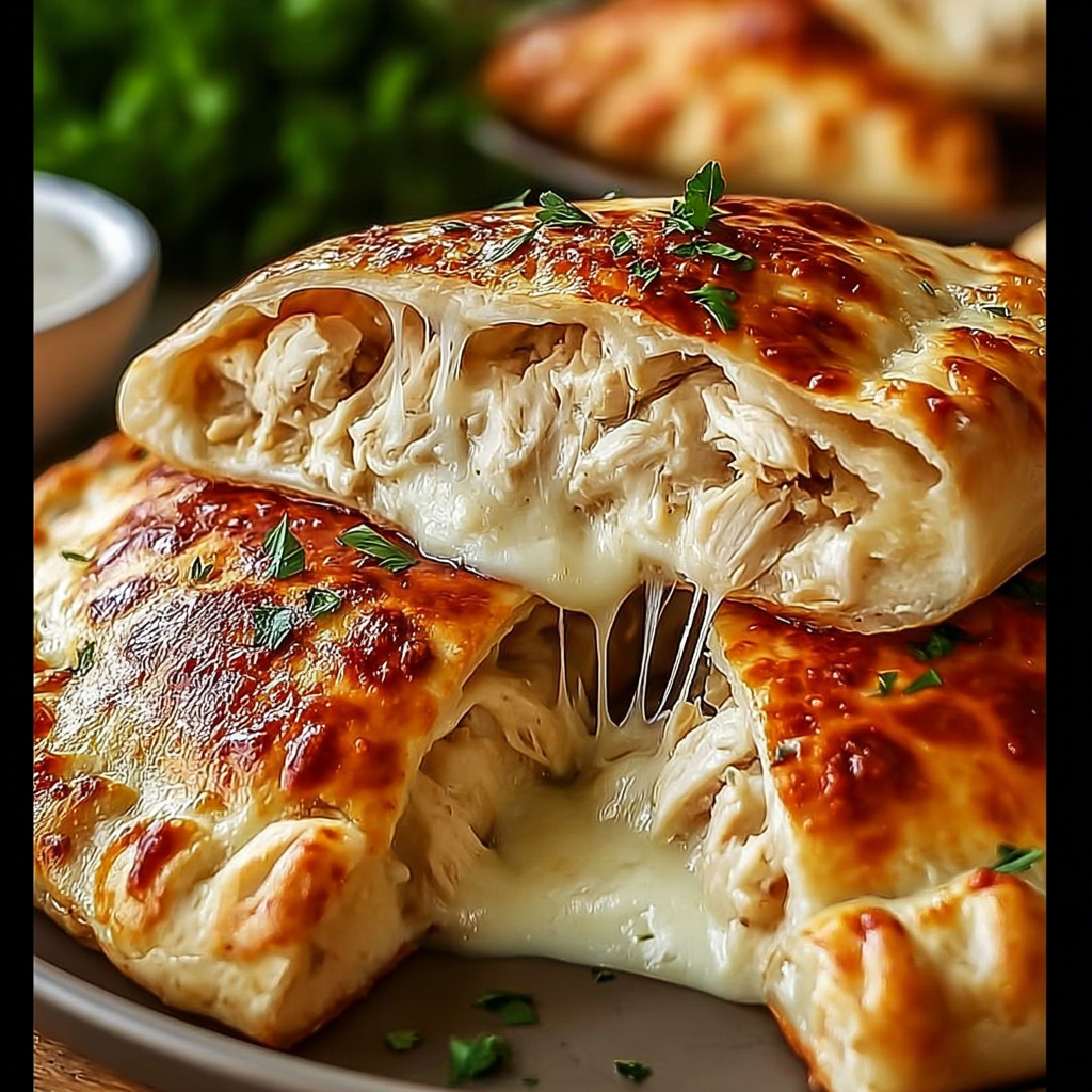 A close up of a chicken Alfredo calzone.