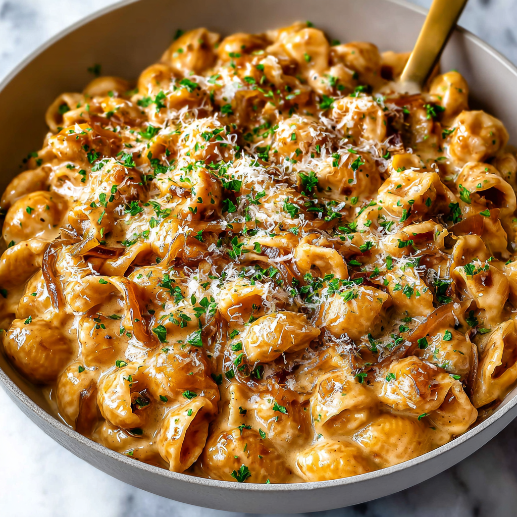 A bowl of pasta with cheese and herbs.