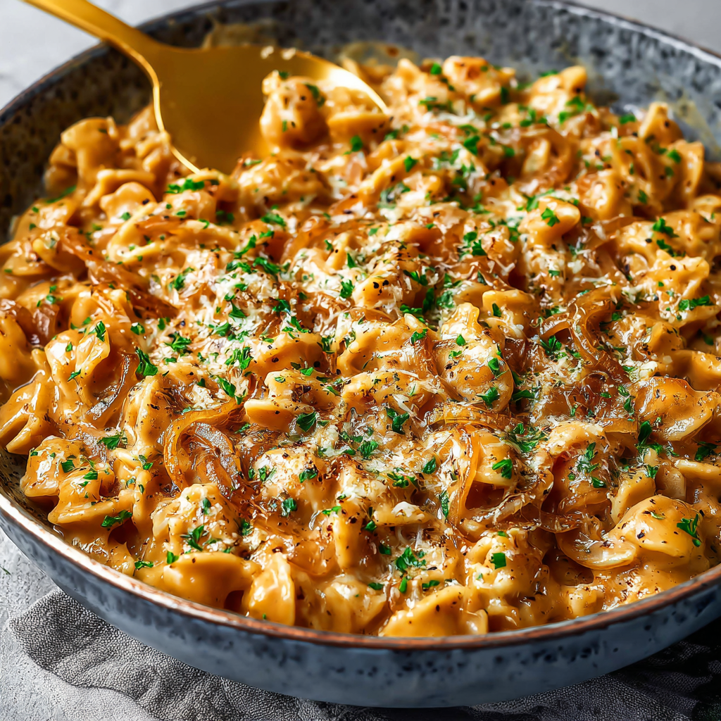 A bowl of pasta with cheese and herbs.
