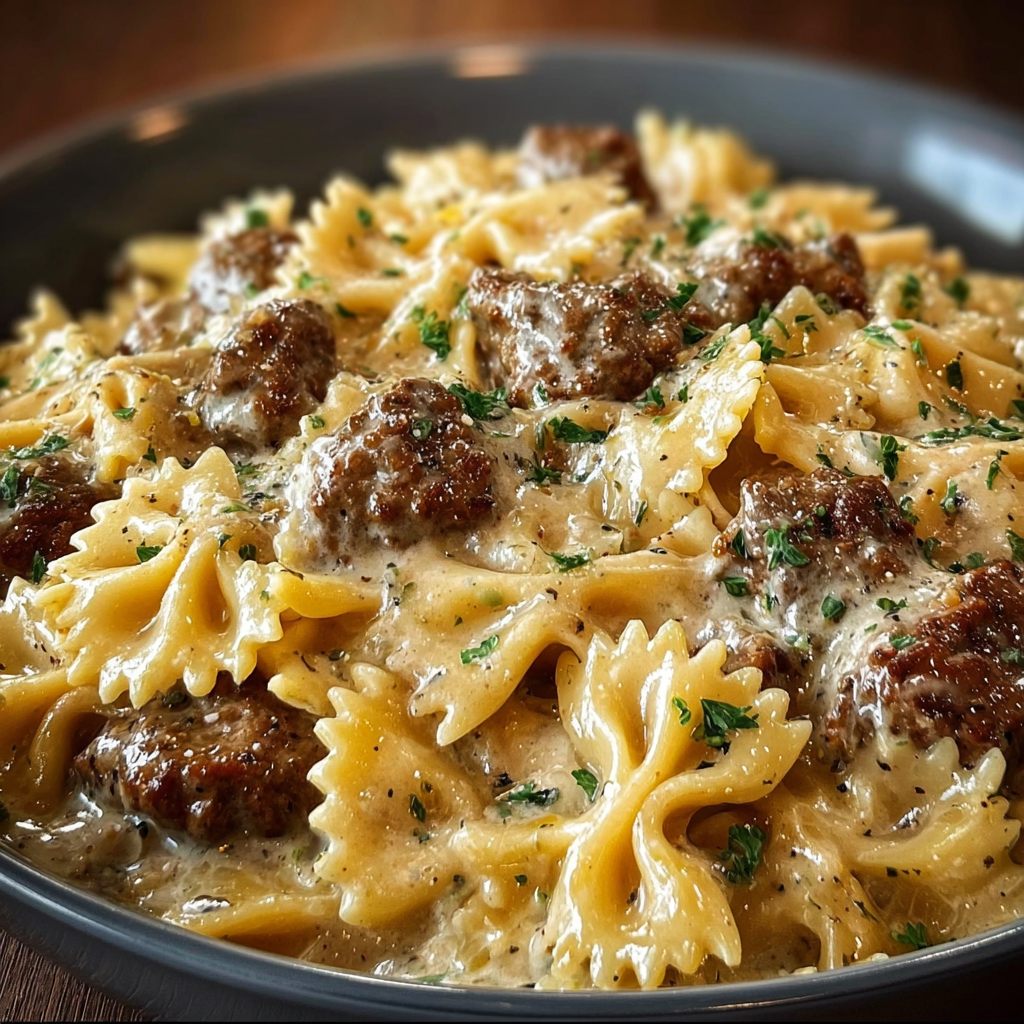 A bowl of creamy beef bowtie pasta.