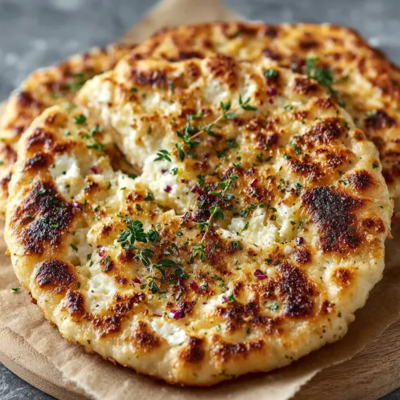 A flatbread with cheese and herbs on top.