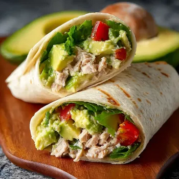 Two creamy avocado tuna wraps on a wooden cutting board.