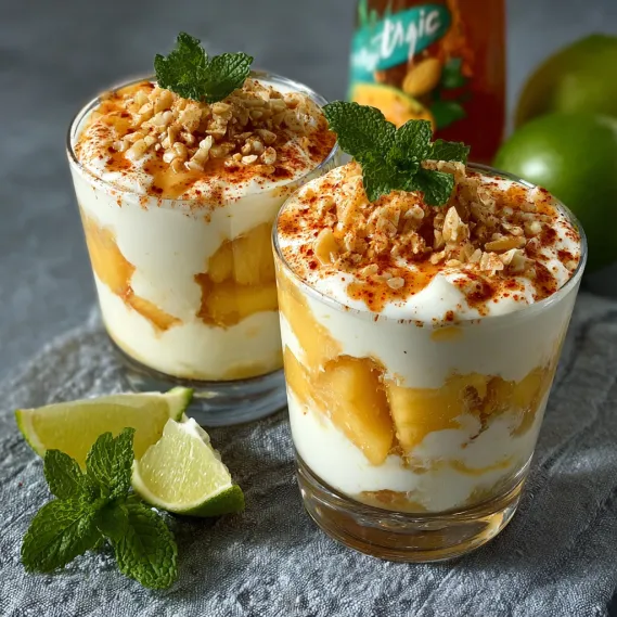 Two glasses of tropical yogurt parfaits with toppings.