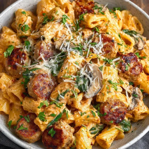 A bowl of pasta with chicken sausage and mushrooms.