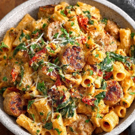A bowl of pasta with chicken sausage and vegetables.
