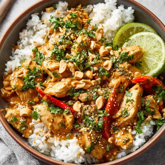 A bowl of peanut butter chicken with rice and lime.