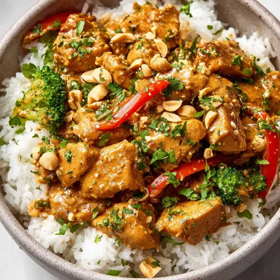 A bowl of peanut butter chicken with rice.