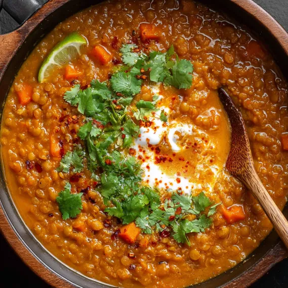 A bowl of coconut curry lentil soup.
