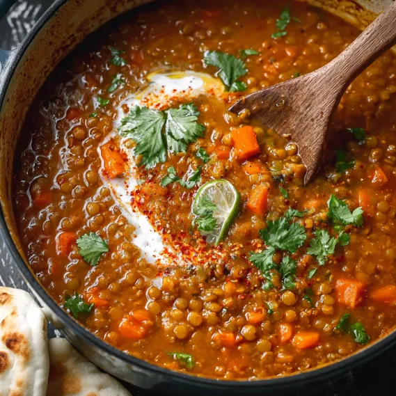 A bowl of coconut curry lentil soup with a spoon in it.