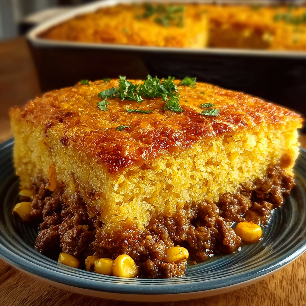 A slice of cowboy cornbread casserole.