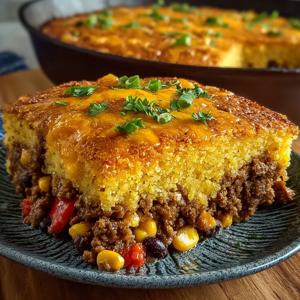 A slice of cowboy cornbread casserole.