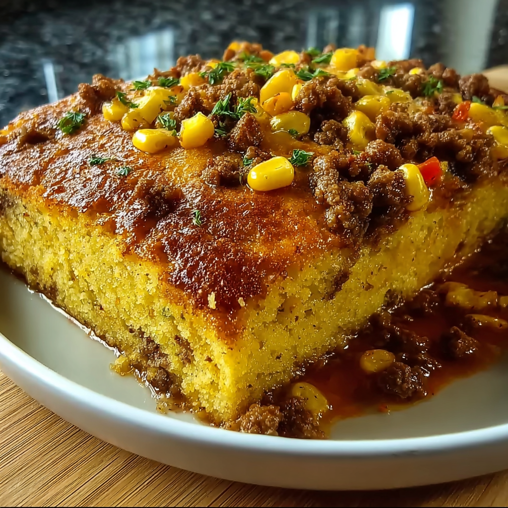 A slice of cowboy cornbread casserole.