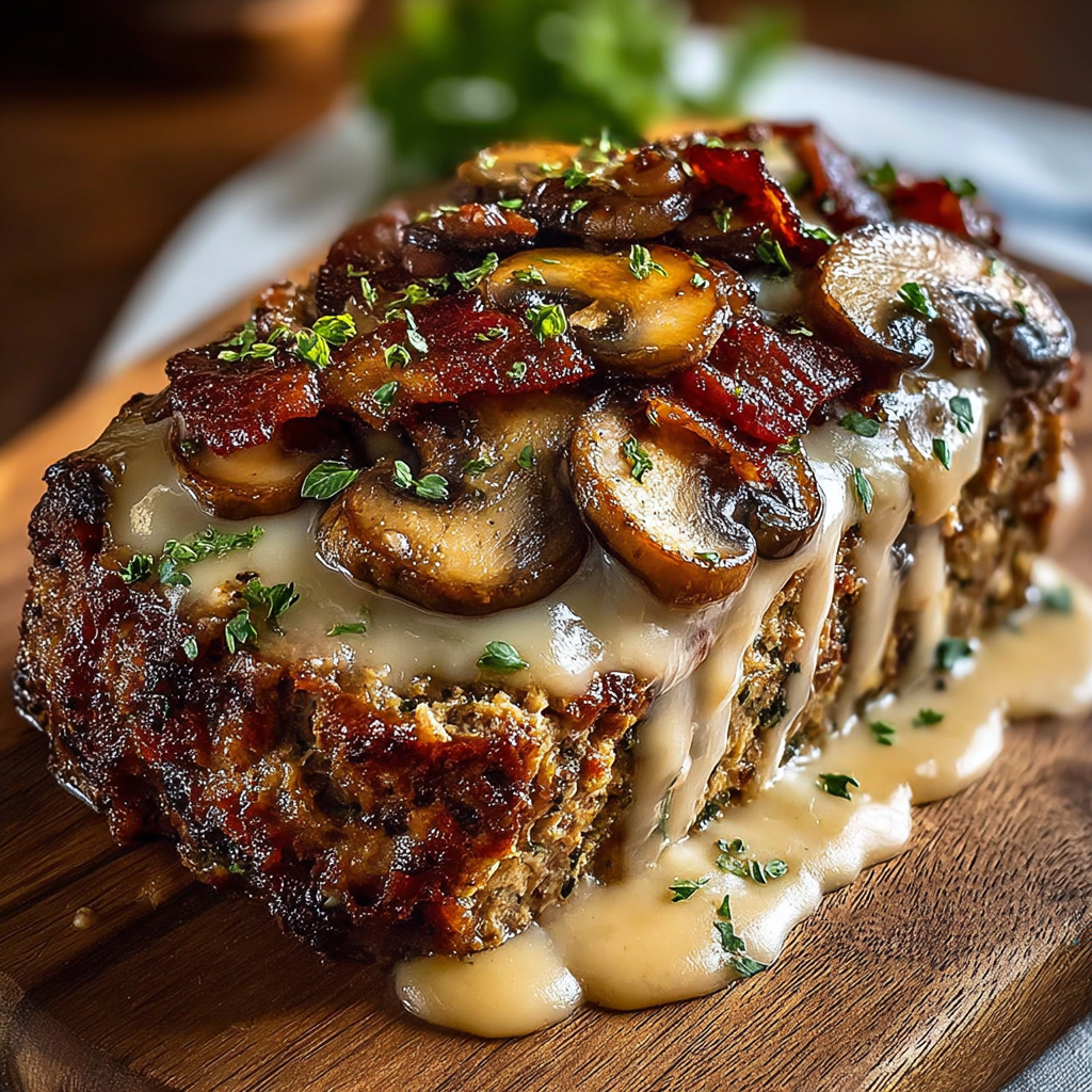A close up of a meatloaf with mushrooms and bacon on top.