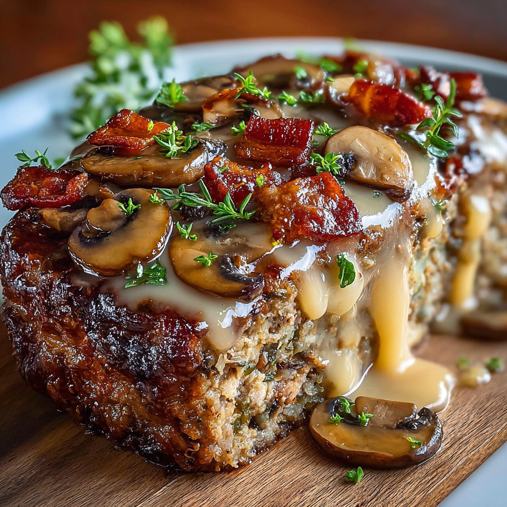 A close up of a meatloaf with mushrooms and bacon.
