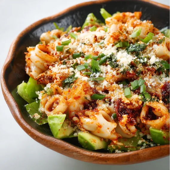 A bowl of food with a green topping.