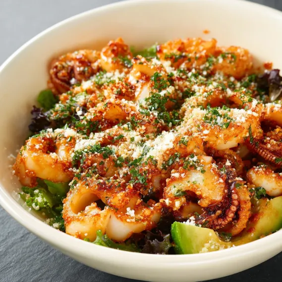A bowl of food with a squid in it.