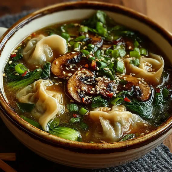 A bowl of soup with mushrooms and bok choy.