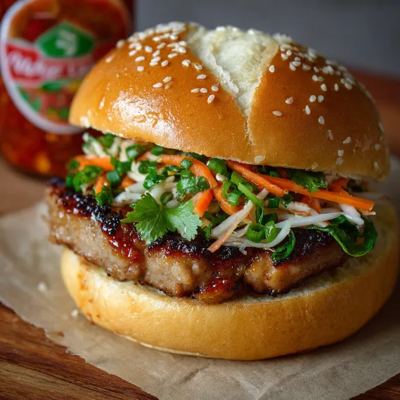 A pork banh mi smash burger with carrots and cilantro.