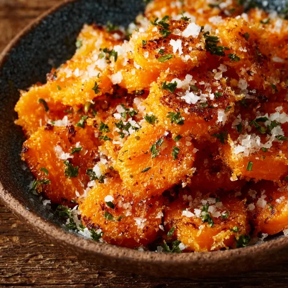 A bowl of crispy Parmesan smashed carrots.