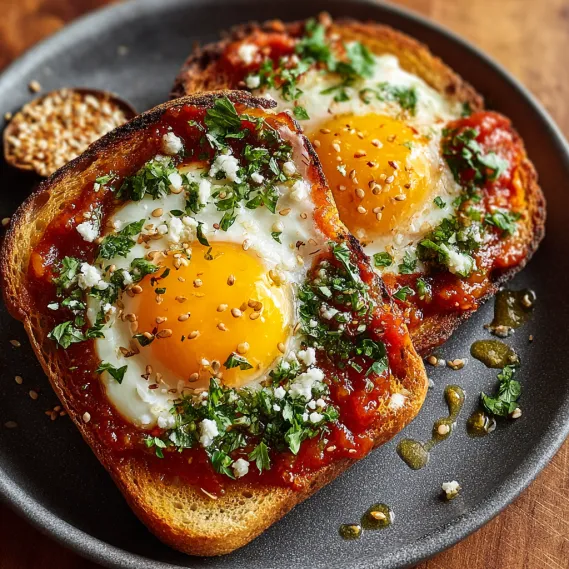 Toast with feta, eggs, and pesto.