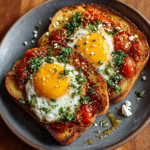 Toast with fried eggs and pesto.