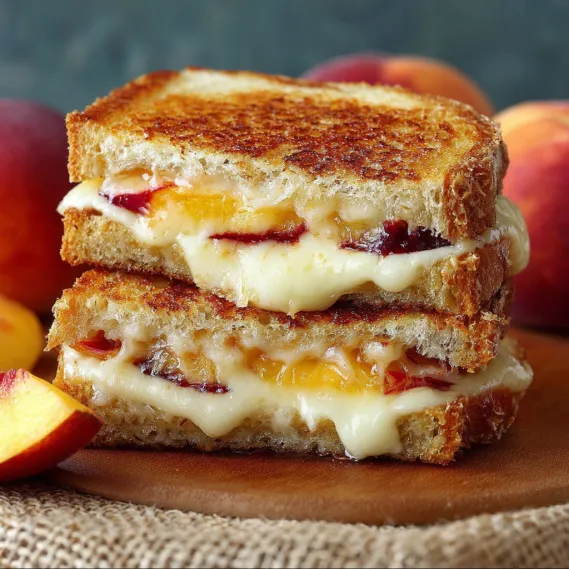 A grilled cheese sandwich with peaches and white cheddar cheese.