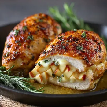 A close up of a chicken breast with a stuffing of apples and brie cheese.