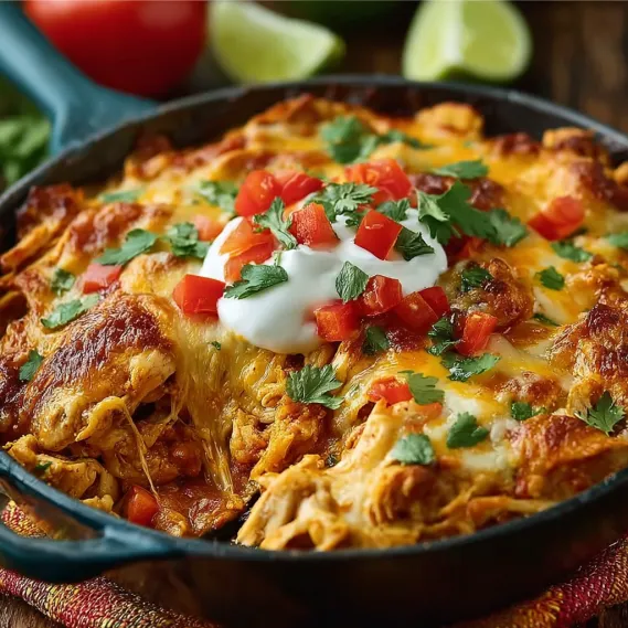 A delicious chicken fajita casserole in a skillet.