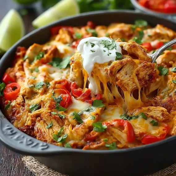 A delicious chicken fajita casserole with a spoon in it.