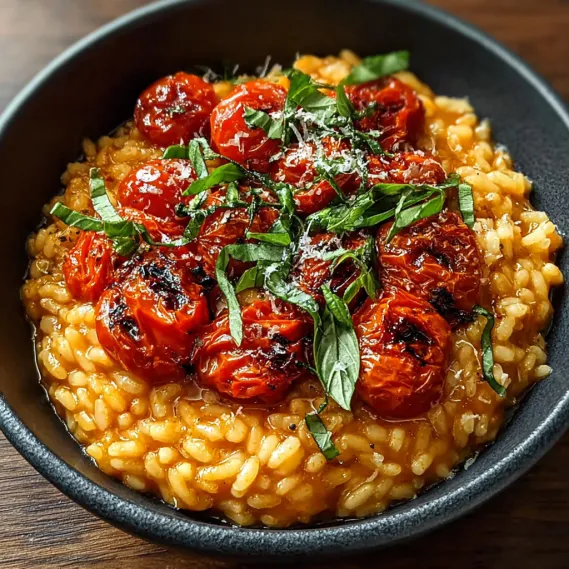 A bowl of roasted tomato risotto with fresh herbs.