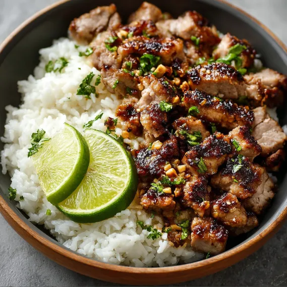 A bowl of food with meat and rice.