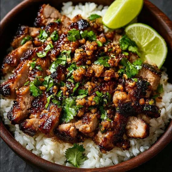 A bowl of meat and rice with lime and ginger.