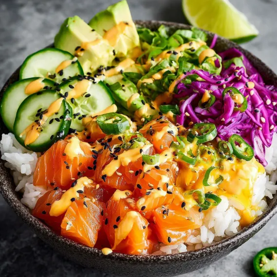 A bowl of salmon poke with rice, cucumber, avocado, and lime.