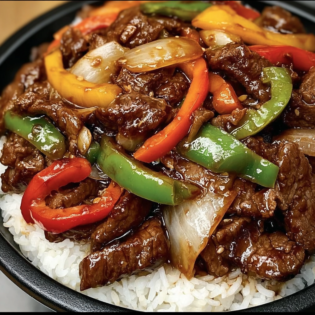 A bowl of Chinese pepper steak with onions and peppers.