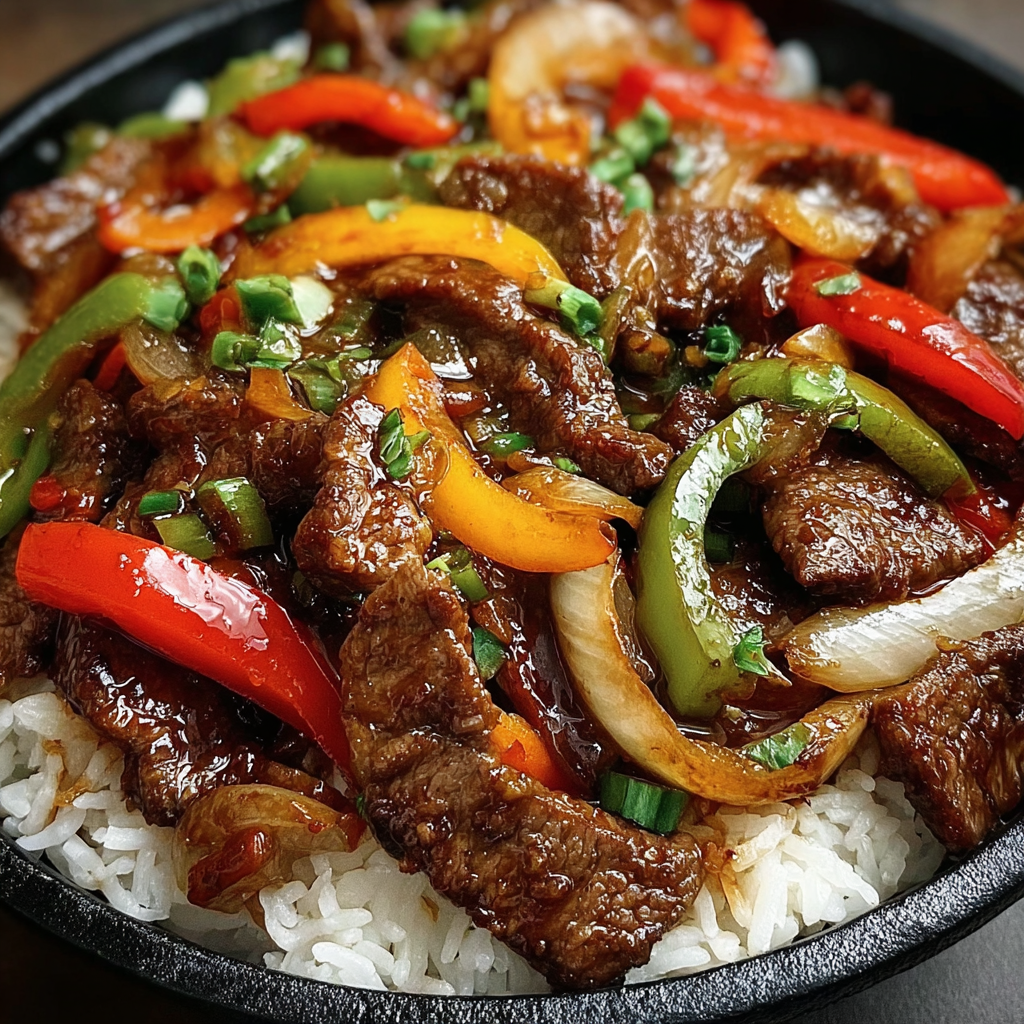 A bowl of Chinese Pepper Steak with Onions & Peppers.