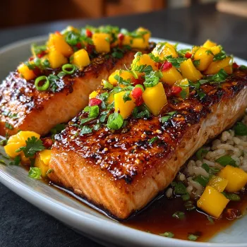 A plate of cooked salmon with mango salsa.
