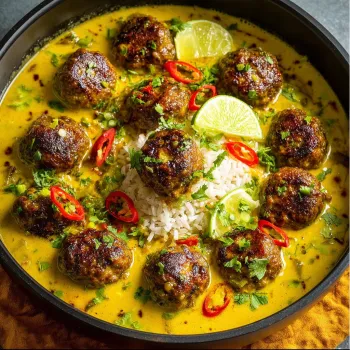 A bowl of jerk meatballs in coconut curry sauce.