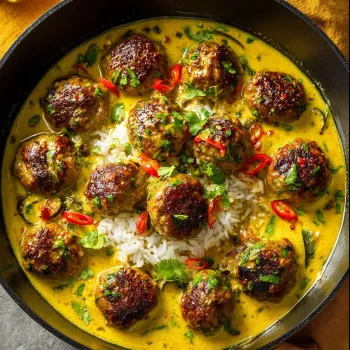 A bowl of jerk meatballs in coconut curry sauce.