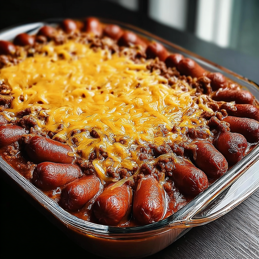 A fully loaded chili cheese dog.