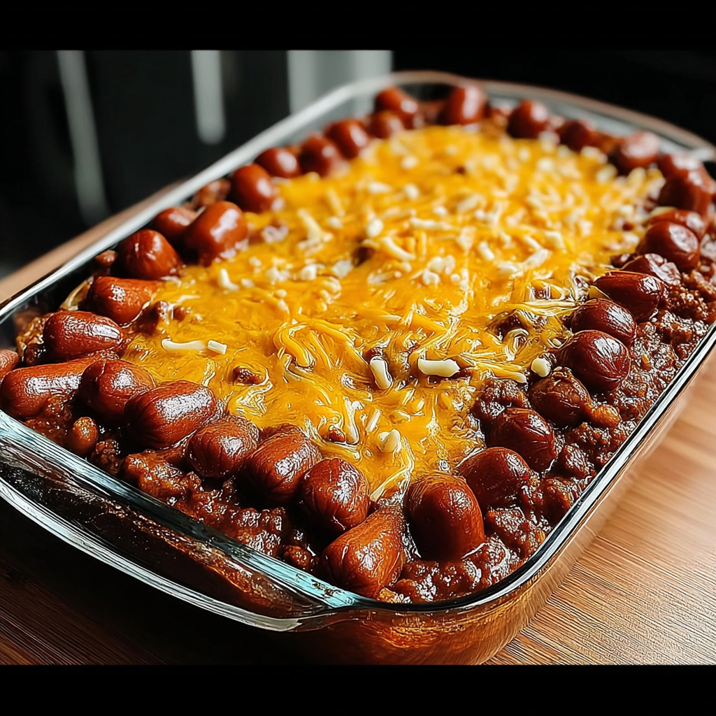 A fully loaded chili cheese dog in a glass dish.