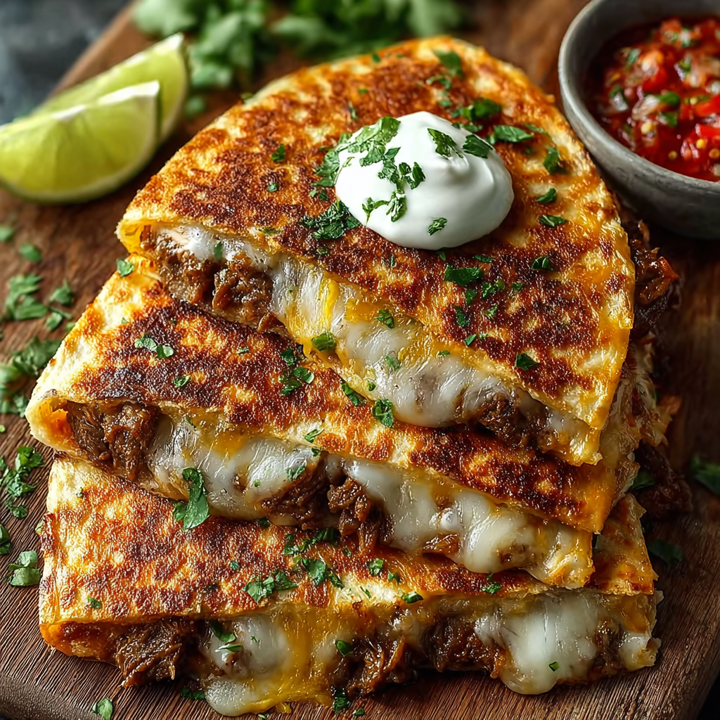 A stack of quesadillas with white cheese and green chili.