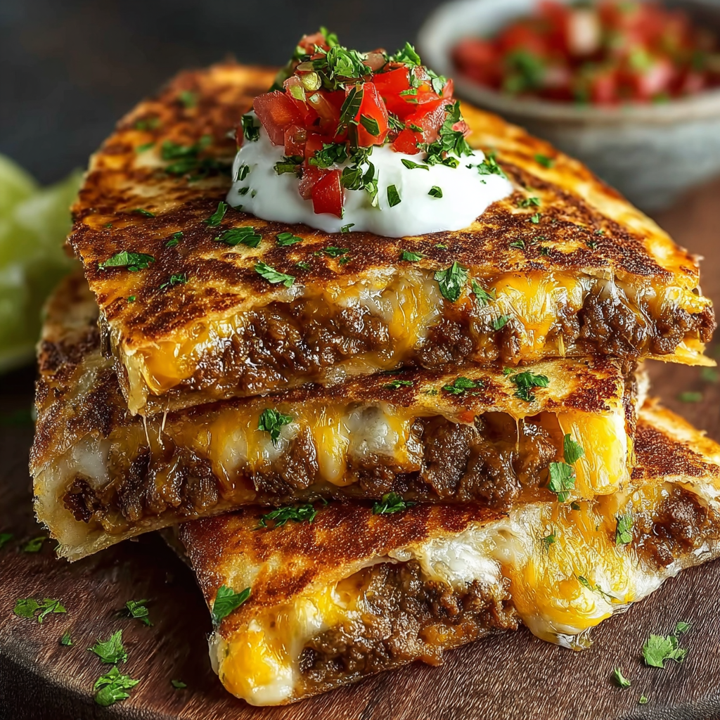 A stack of spicy green chili beef quesadillas.