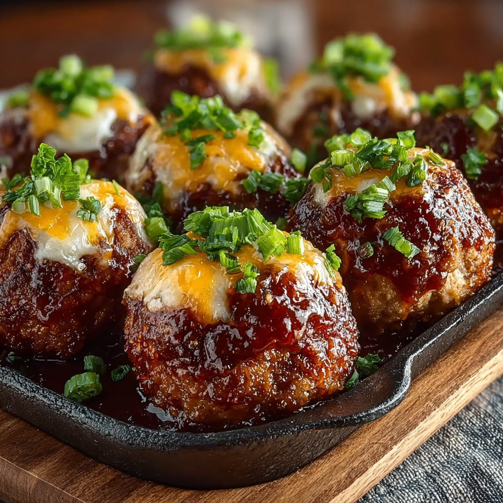 A plate of cheesy BBQ meatballs.