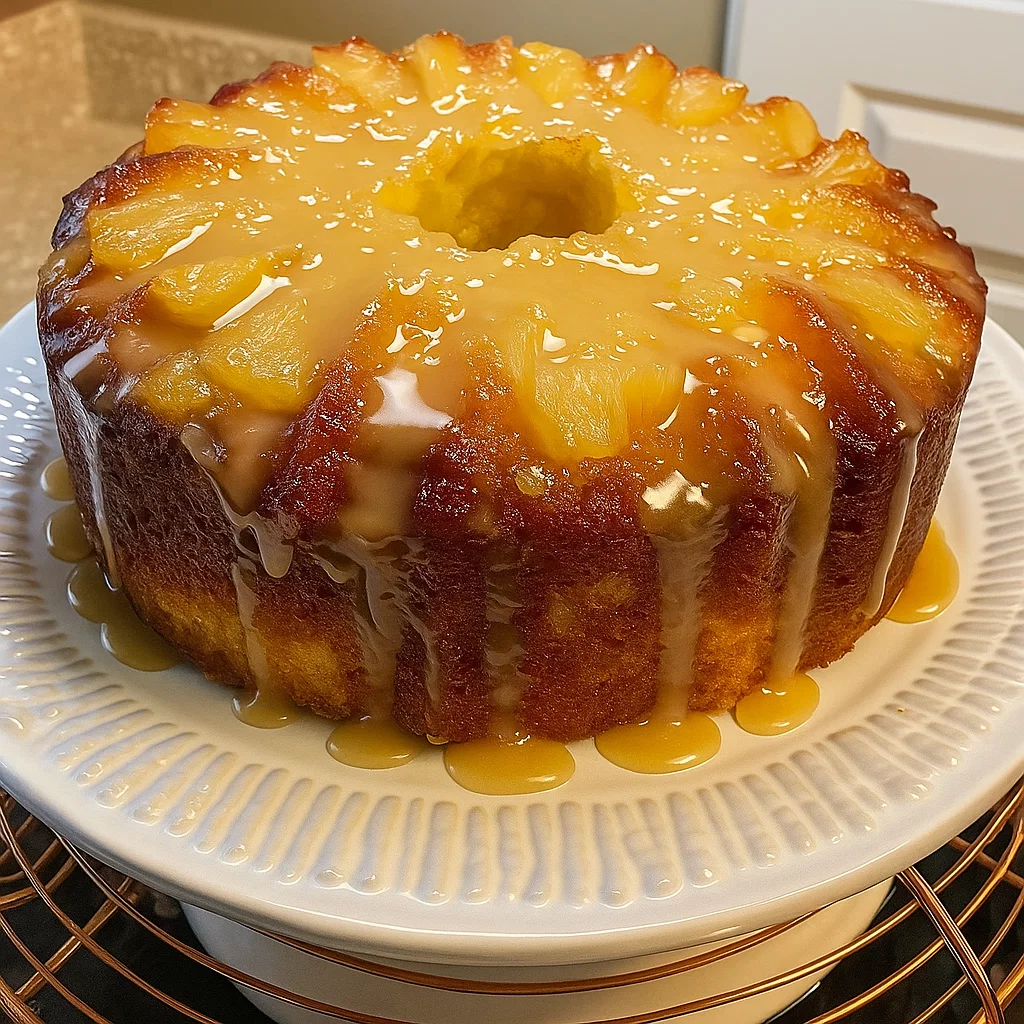 A pineapple pound cake on a white plate.