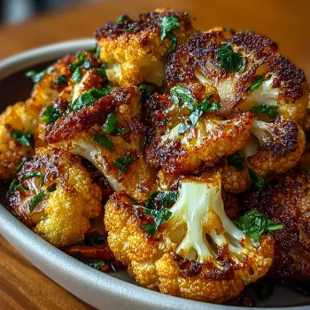 A bowl of roasted cauliflower with green herbs.