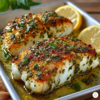 A dish of fish with pesto and Parmesan cheese.